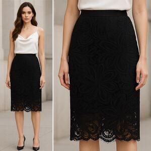 Trina Turk Black Lace Pencil Skirt Silk Trim Lined Knee Length Sheer Size 0